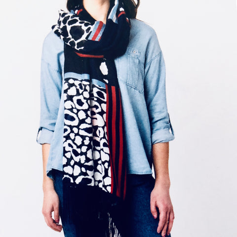Pia Rossini Patriotic Color Scarf with animal print pattern.