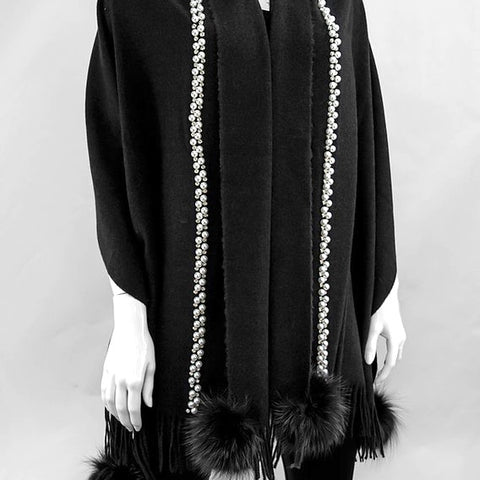 Black Woven Scarf with Pearls Details and Fox Pom Poms