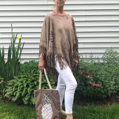 Faux Suede Poncho with Fringe with Pineapple Beach Tote Bundle - 10% OFF