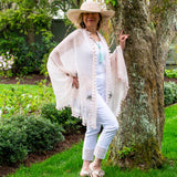 Hand Embroidered Light Pink Scarf with Boats and Pompoms all Around