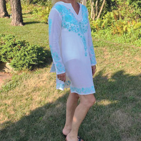 Knee length  embroidered tunic or bathing suit cover up.  100% Cotton