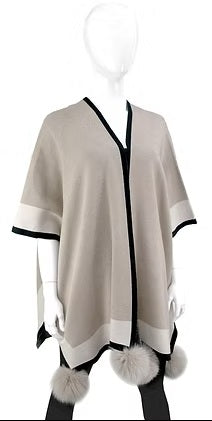 3 Tone cape with Fox Pompoms Beige