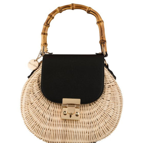 Elegant Rattan Bag with Wooden Handle and Cross Body Strap Black