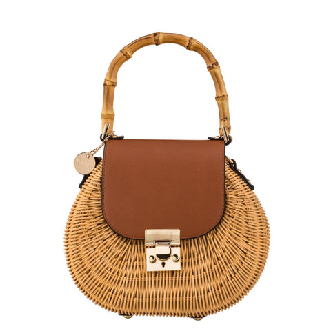 Elegant Rattan Bag with Wooden Handle and Cross Body Strap Brown
