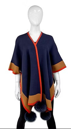 3 Tone cape with Fox Pompoms Navy