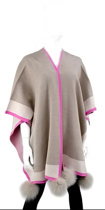 3 Tone cape with Fox Pompoms Beige with Pink Trim