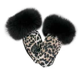 Metallic Nylon Mittons with Fur Trim Leopard