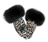 Metallic Nylon Mittons with Fur Trim Leopard