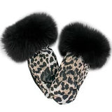 Metallic Nylon Mittons with Fur Trim Leopard