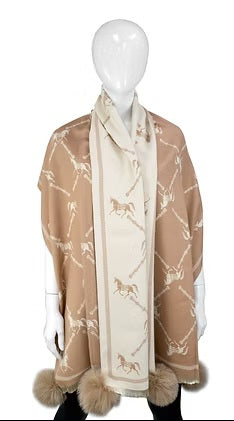 Equestrian Scarve with Fox Pom Poms Beige