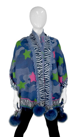 Blue Woven Scarf with Stars and Hearts