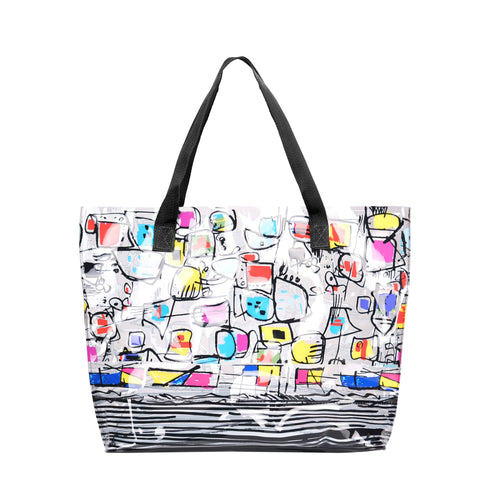 Fun pattern Tote by Dolcezza. The bag is durable and has canvas handles. Perfect for the beach. 100%  PVC  13"H x  18"W  X 5 " D