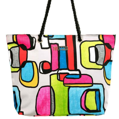 This Fun Tote by Dolcezza is inspired from the art of California artist Irena Orlov "Vibrant Colorful Abstract" . A great fashion statement. The bag has an inside pocket, a full zip closure and rope handles.  Canvas Fabric   13"H x  18"W  X 5 " D by two b'a accessories