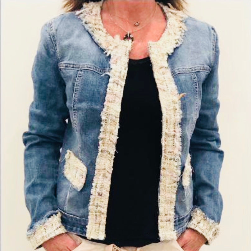 Denim Jacket with Tweed Border Details Chanel Style