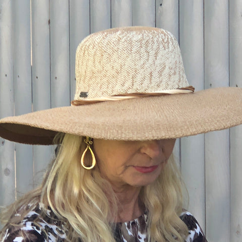 Tan Toyo Large Brim Hat with faux suede trim and two tone on top.  4.5 " Brim  UPF 50+sun n sand by two b's accessories
