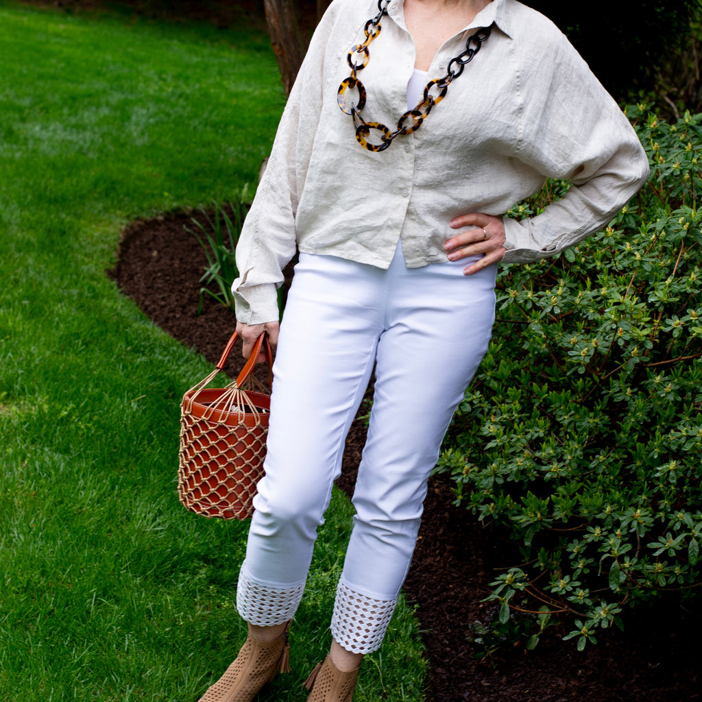 White Stretch Pants with Lace Details by Charlie B. – Two B's Accessories