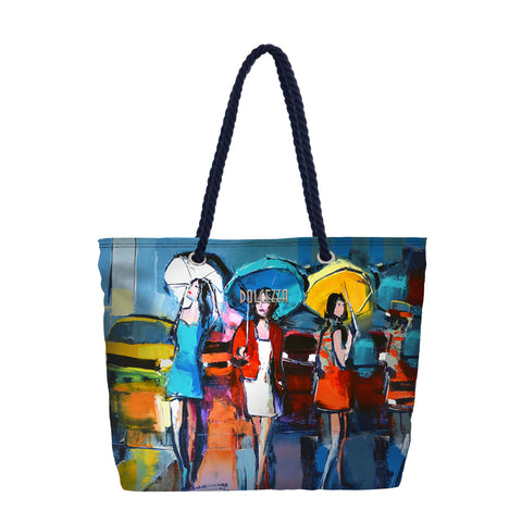 Fun Pattern Tote  by Dolcezza. The bag is durable, has a full zip closure and rope handles. Good for traveling and/or the Beach.  Canvas Fabric  13"H x  18"W  X 5 " D