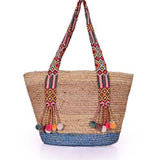 Start your day at the beach with this colorful jute tote.  Dual top handles, fun pompoms,  open top.  100% Jute  21"W x 12"H x %"D twobsaccessories