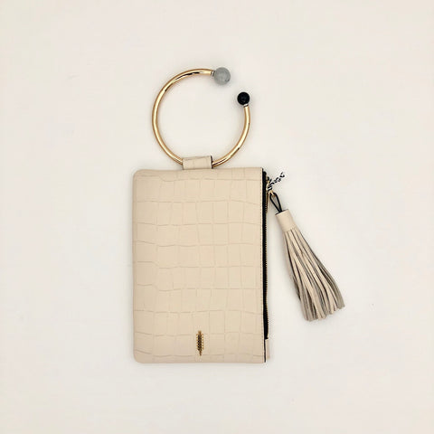 Nolita Embossed Croco Leather Clutch with Golden Beaded Handle Ring by thacker and two b's accessories