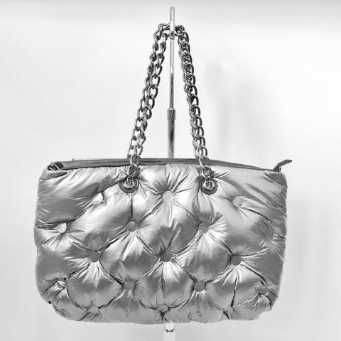 Silver Puff Quilted Zippered Tote with Chain Strap