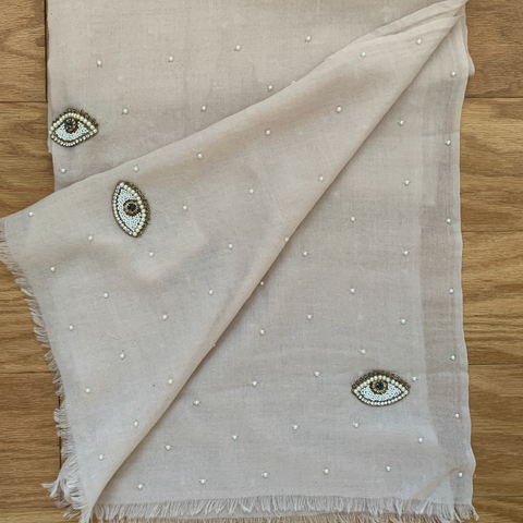 Hand Embroidered Wool/Cashmere blend scarf embellished with pearls and beads eyes  Pale Pink