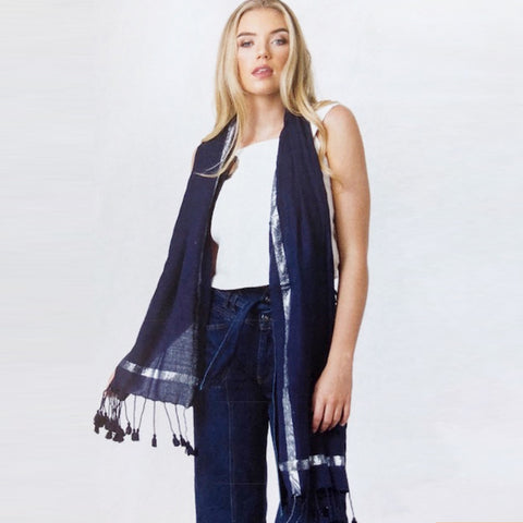 Navy Blue Scarf with Tassels by Pia Rossini