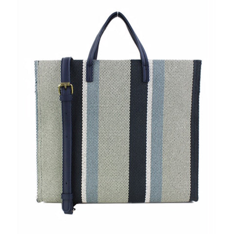 Elegant Blue Canvas Tote with multiple inside pocket and a long detachable strap.