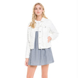 Off-White jean jacket with fun tassels details. True to size.  A fun addition to any outfit in summer